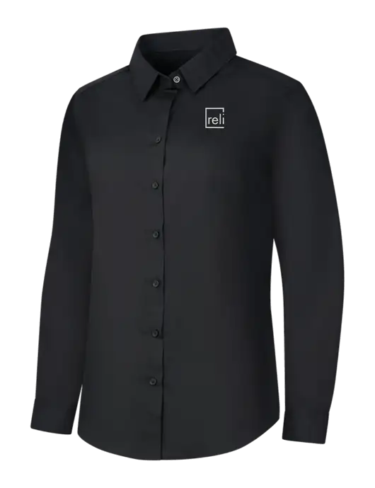 Womens Black Long Sleeve Carefree Poplin Shirt w/Reli Title Logo