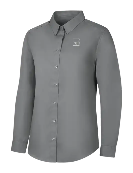 Womens Medium Grey Long Sleeve Carefree Poplin Shirt w/Reli Title Logo