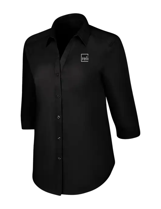 Womens Black 3/4 Sleeve Carefree Poplin Shirt w/Reli Title Logo