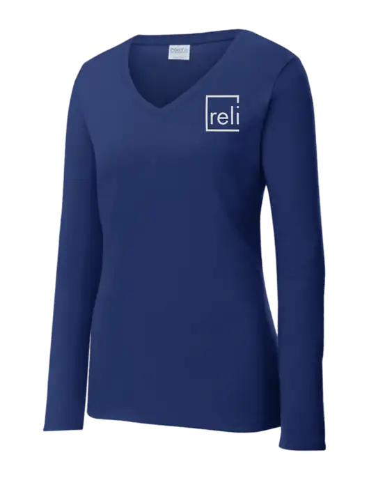 Womens  V-Neck Ring Spun Navy 4.5 oz Long Sleeve T-Shirt w/Reli Title Logo