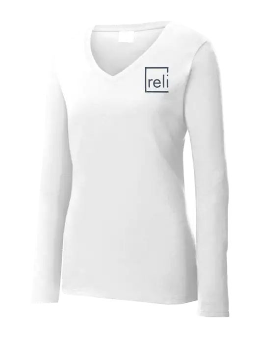 Womens  V-Neck Ring Spun White 4.5 oz Long Sleeve T-Shirt w/Reli Title Logo