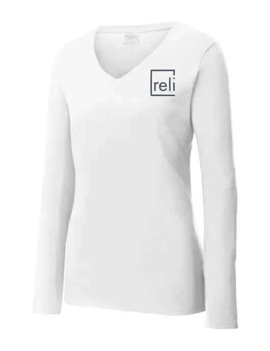 Womens  V-Neck Ring Spun White 4.5 oz Long Sleeve T-Shirt w/Reli Title Logo