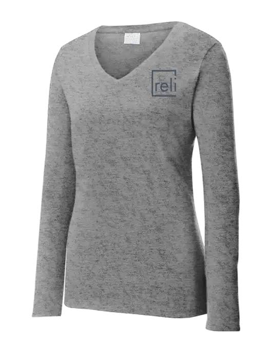 Womens  V-Neck Ring Spun Grey Heather 4.5 oz Long Sleeve T-Shirt w/Reli Title Logo