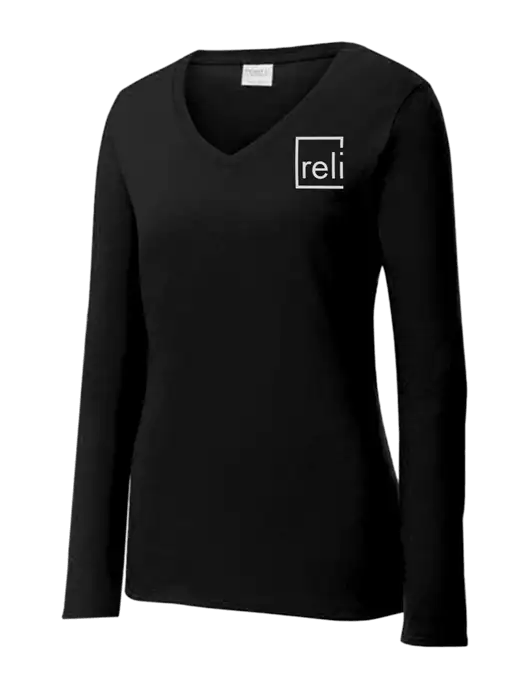 Womens V-Neck Ring Spun Jet Black 4.5 oz Long Sleeve T-Shirt w/Reli Title Logo