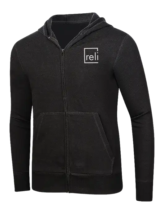Full-Zip Black Heavyweight Hooded Sweatshirt w/Reli Title Logo
