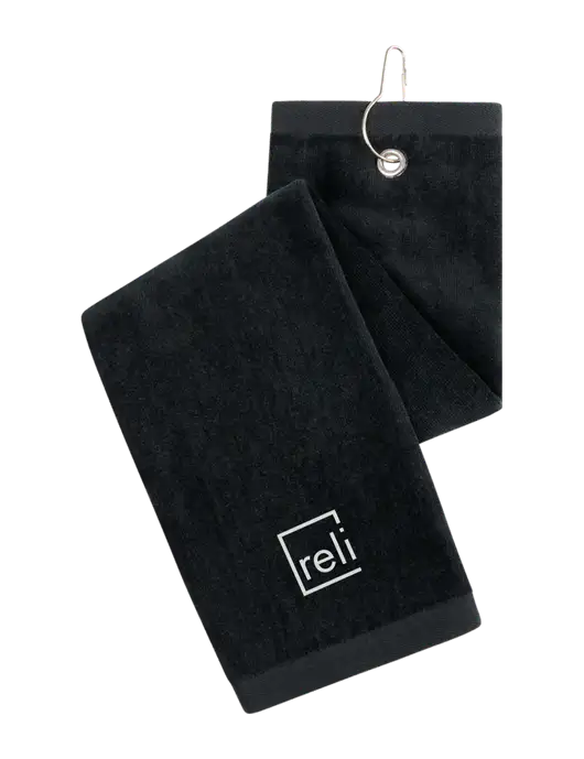 Black Tri-Fold Golf Towel with Grommet w/Reli Title Logo