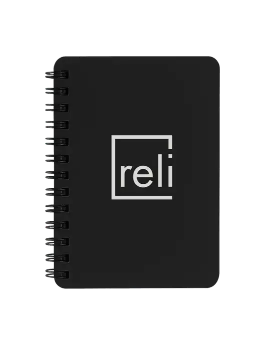 Sturdy Black Hardcover Notebook, 5.25 x 7 w/Reli Title Logo