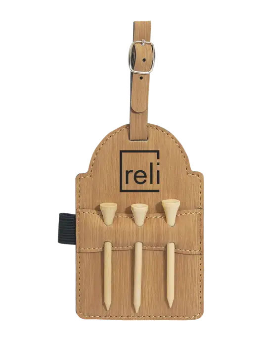 Bamboo Leatherette Golf Bag Tag with 3 Wooden Tees w/Reli Title Logo