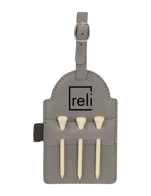 Grey Leatherette Golf Bag Tag with 3 Wooden Tees w/Reli Title Logo