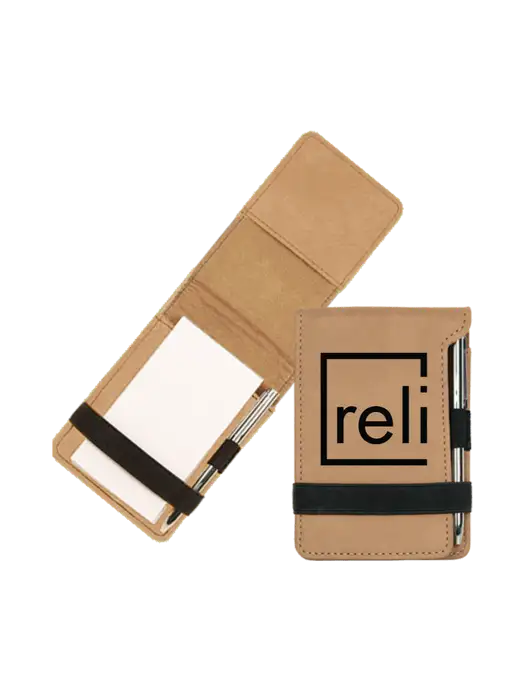 Tan Leatherette Mini Notepad with Pen,  3.25 x 4.75 w/Reli Title Logo