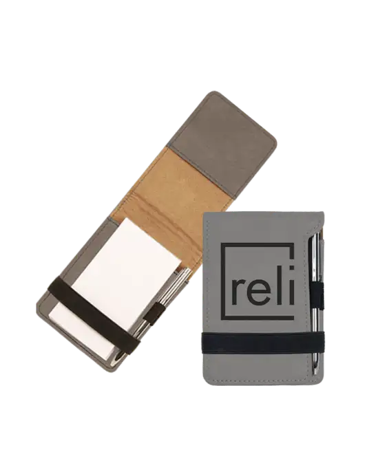 Grey Leatherette Mini Notepad with Pen,  3.25 x 4.75 w/Reli Title Logo