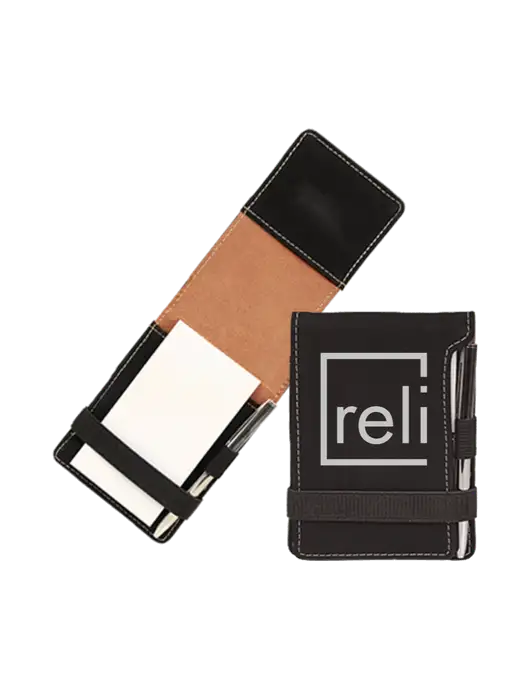 Black Leatherette Mini Notepad with Pen,  3.25 x 4.75 w/Reli Title Logo