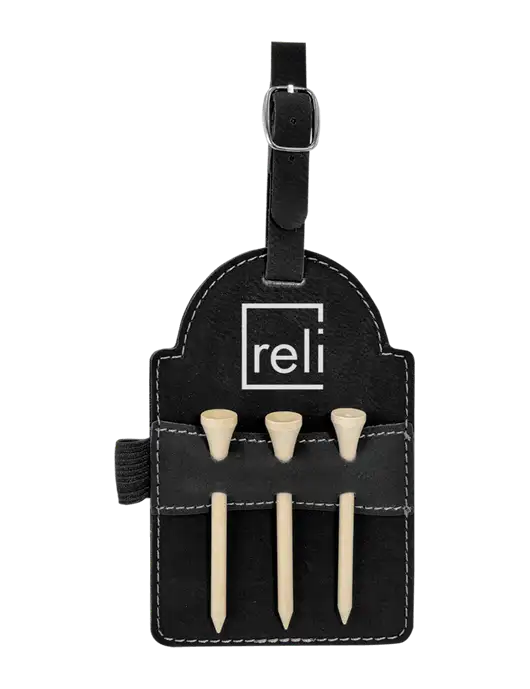 Black Leatherette Golf Bag Tag with 3 Wooden Tees w/Reli Title Logo