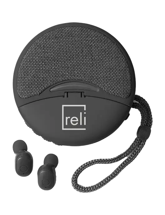 Duo Black Wireless Earbuds & Speaker w/Reli Title Logo