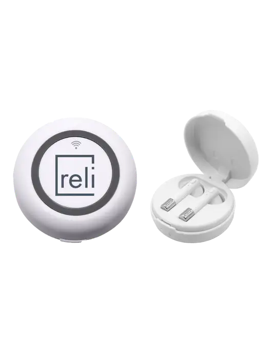 Harmony White Wireless Earbuds and Charging Pad w/Reli Title Logo