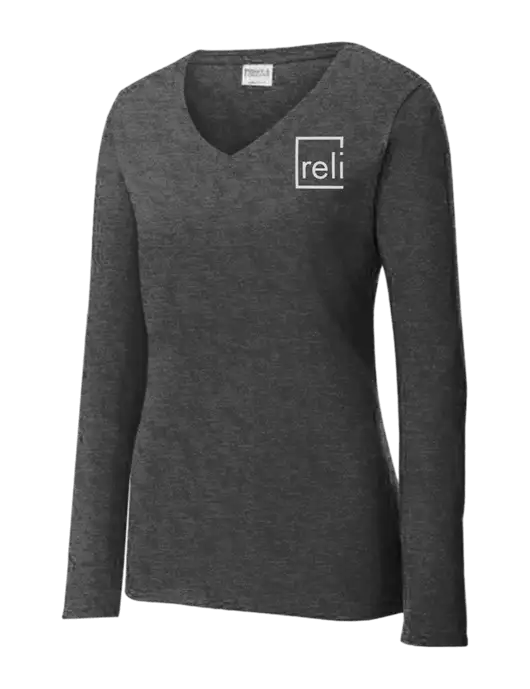 Womens  V-Neck Ring Spun Dark Heather Grey 4.5 oz Long Sleeve T-Shirt w/Reli Title Logo