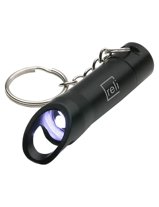 Black Pocket LED Flashlight with Bottle Opener & Keychain w/Reli Title Logo