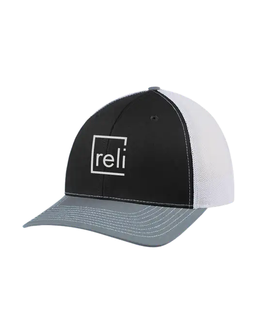 Richardson Adjustable Snapback Original 112 Trucker Cap Black/Light Heather Grey/White Mesh w/Reli Title Logo