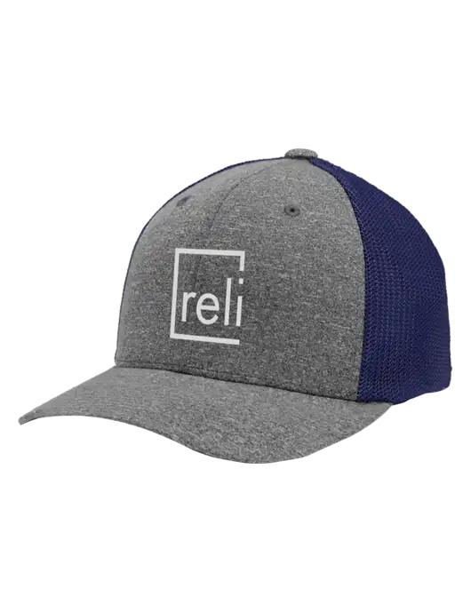 Flexfit Navy/Medium Grey Heather Melange Mesh Back Trucker Cap w/Reli Title Logo