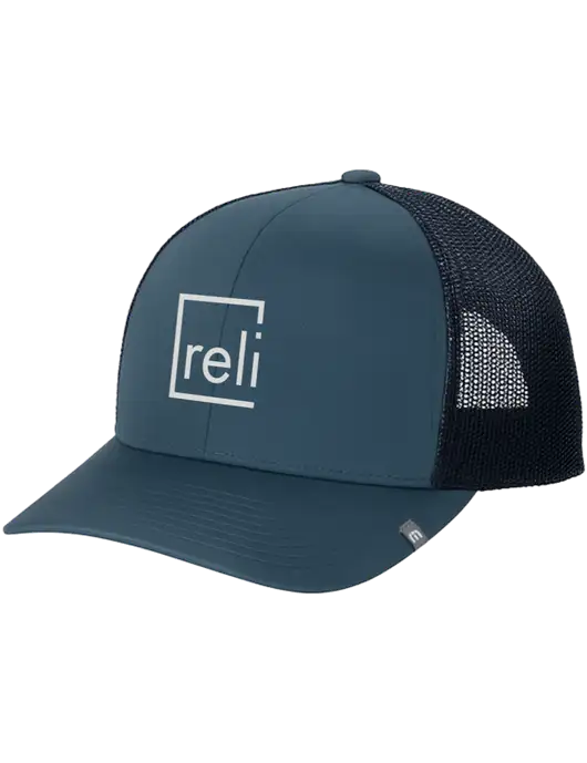 TravisMathew Dark Slate Blue Cruz Trucker Cap w/Reli Title Logo