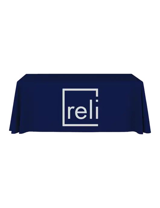 6' Stain-Resistant 4-Sided Dark Navy Table Cover w/Reli Title Logo