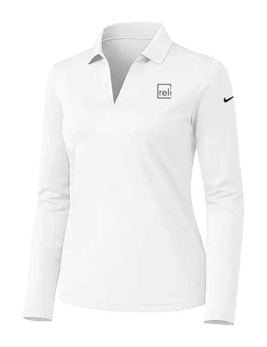 Nike Womens White Dri-FIT Micro Pique 2.0 Long Sleeve Polo w/Reli Title Logo