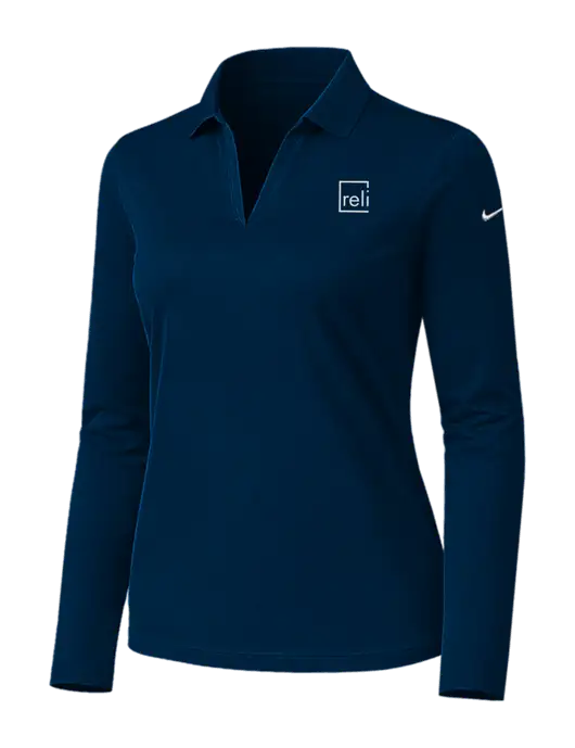Nike Womens Navy Dri-FIT Micro Pique 2.0 Long Sleeve Polo w/Reli Title Logo