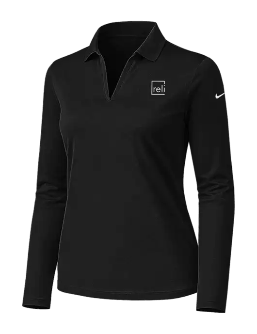 Nike Womens Black Dri-FIT Micro Pique 2.0 Long Sleeve Polo w/Reli Title Logo