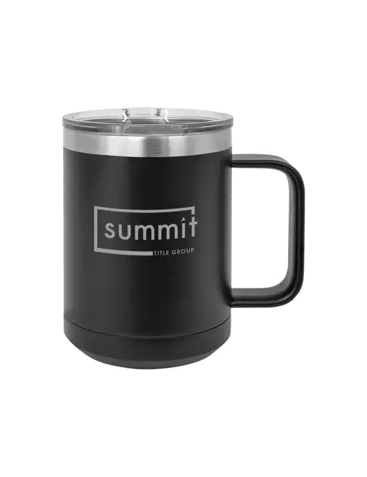 Polar Camel 15 oz Powder Coated Black Vacuum Insulated Mug with Slider Lid w/Summit Title Group Logo