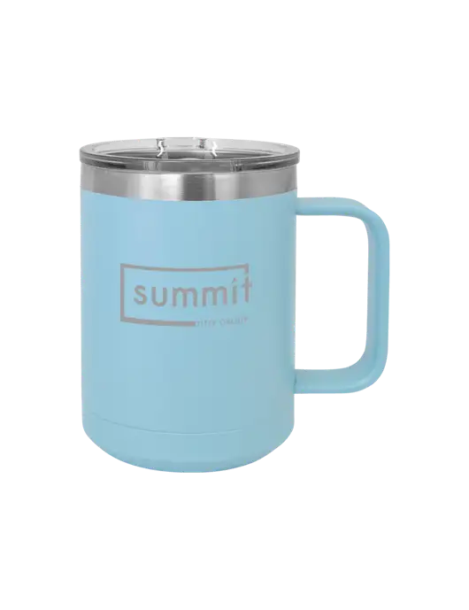Polar Camel 15 oz Powder Coated Light Blue Vacuum Insulated Mug with Slider Lid w/Summit Title Group Logo