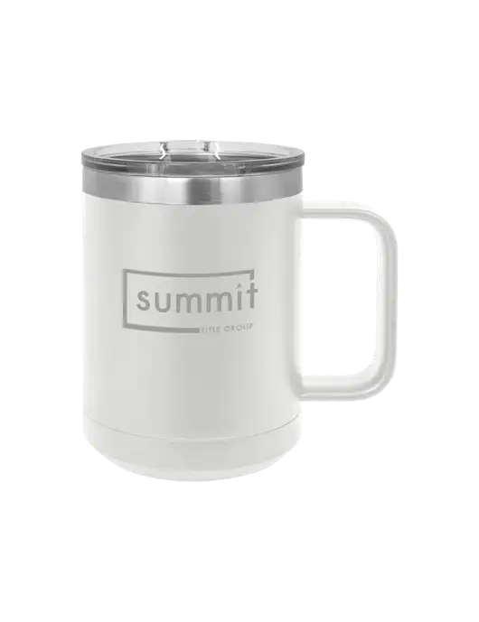 Polar Camel 15 oz Powder Coated White Vacuum Insulated Mug with Slider Lid w/Summit Title Group Logo
