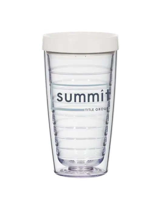 16 oz Trivex Double Wall Tumbler with White Travel Lid w/Summit Title Group Logo